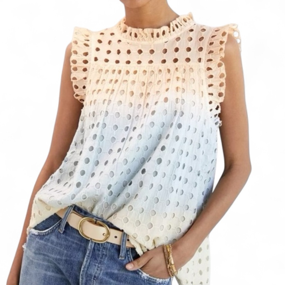Anthropologie Ollari New York Boho Crochet Eyelet Ruffle Top XS Beige Blouse‎